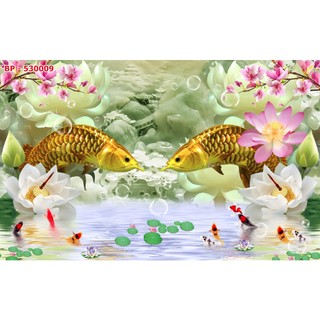 Tranh cá chép cá koi trong hồ sen, hoa sen giả đắp nổi phong thủy