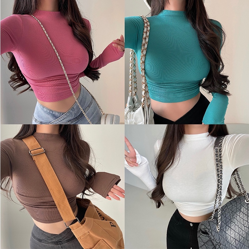 Áo Thun Croptop Tay Dài Vải Lông Cừu Dáng Ôm Ngắn Cổ Cao Xếp Ly Bên Hông Phong Cách Âu Mỹ Quyến Rũ Cho Nữ