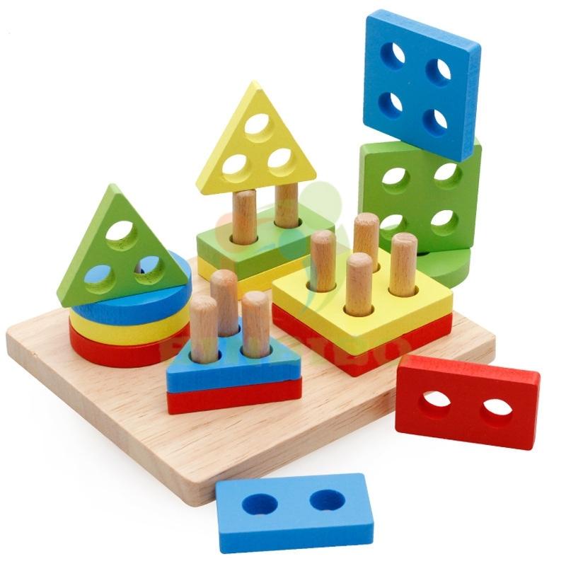 Thả hình khối 4 cọc bằng gỗ đồ chơi Montessori phát triển trí tuệ giúp bé phân biệt hình khối và màu sắc