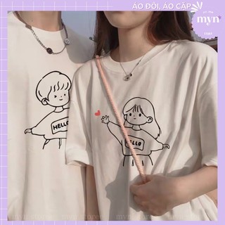 Áo cặp nam nữ, áo đôi cổ tròn in hình dễ thương đi chơi-PINK