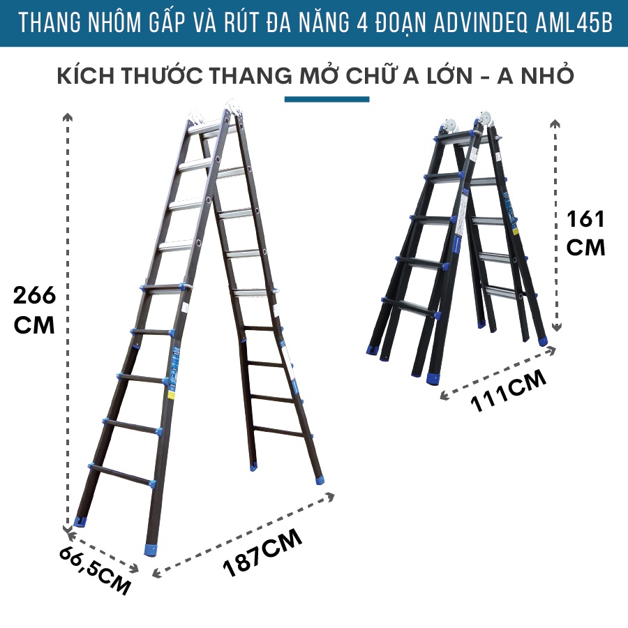 Thang Nhôm Gấp Và Rút Đa Năng 4 Đoạn 5,5m ADVINDEQ AML45, linh hoạt 5 tư thế, khóa sập tự động an toàn, tải trọng 150kg