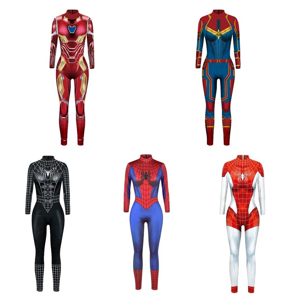 Áo liền quần cosplay nữ bằng polyester co giãn, thiết kế người nhện, Harley Quinn và Iron Man