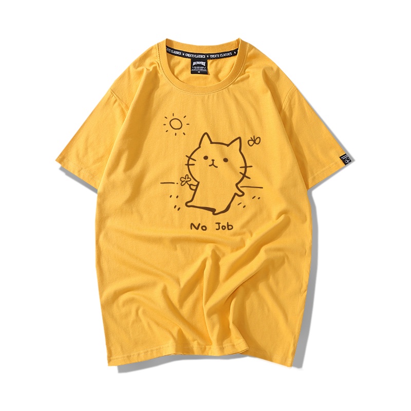 Áo Thun Nữ Tay Lỡ HappyFamily In Hình Chú Mèo Đáng Yêu Ngộ Nghĩnh No Job Cotton 100 Cao Cấp