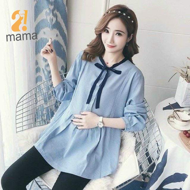 Áo bầu dài tay 2mama mặc thu đông cổ thắt nơ, chất kẻ thô, 2 màu xanh hồng cực xinh B09