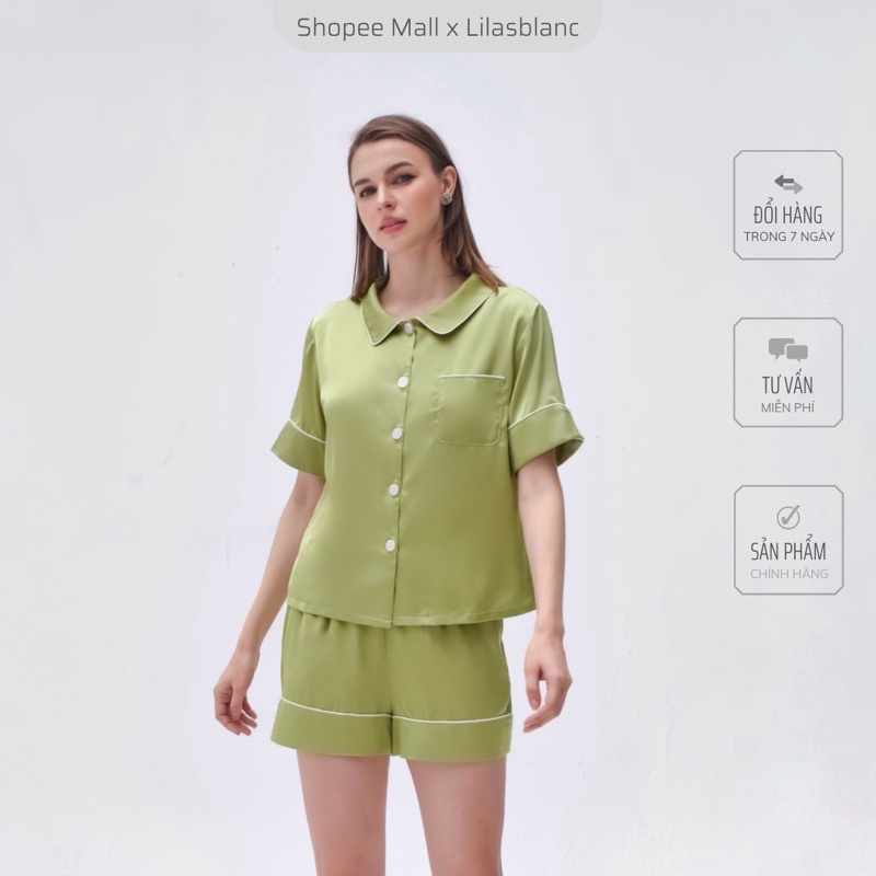 Bộ Pyjamas Nữ Mặc Nhà Tay Cộc Quần Cộc Chất Liệu Lụa Màu Xanh Nhạt Phối Viền Trắng Wasabi LILAS BLANC spe