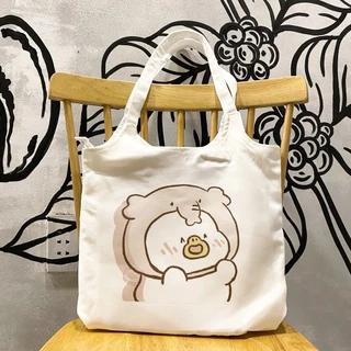 Túi tote, vải canvas 100% poli cao cấp, phong cách thời trang ulzzang, có khoá miệng xịn xò VỊT CUTE ĐỘI VOI XÁM