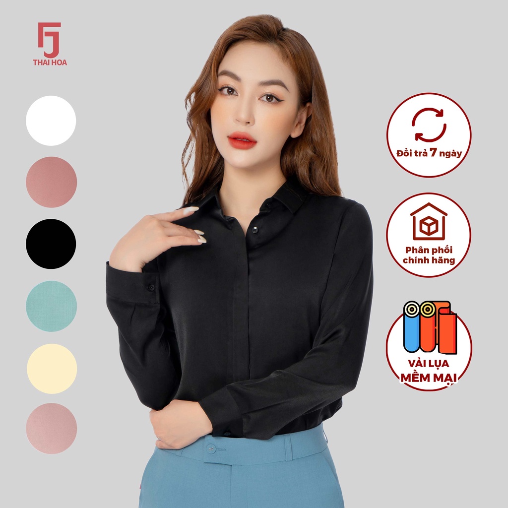 Áo sơ mi R09 dài tay nữ vải lụa trơn form suông các màu thời trang công sở Thái Hòa