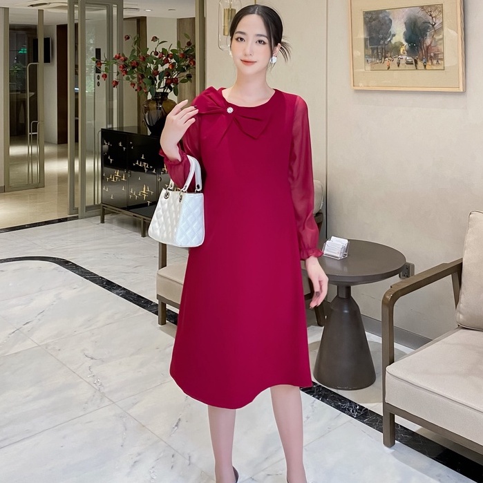 MEDYLA – Đầm bầu dự tiệc thu đông thiết kế 2 lớp tuyết mưa lót lụa tay phối tơ cổ nơ chéo cho bầu đi tiệc – VS1126 spe