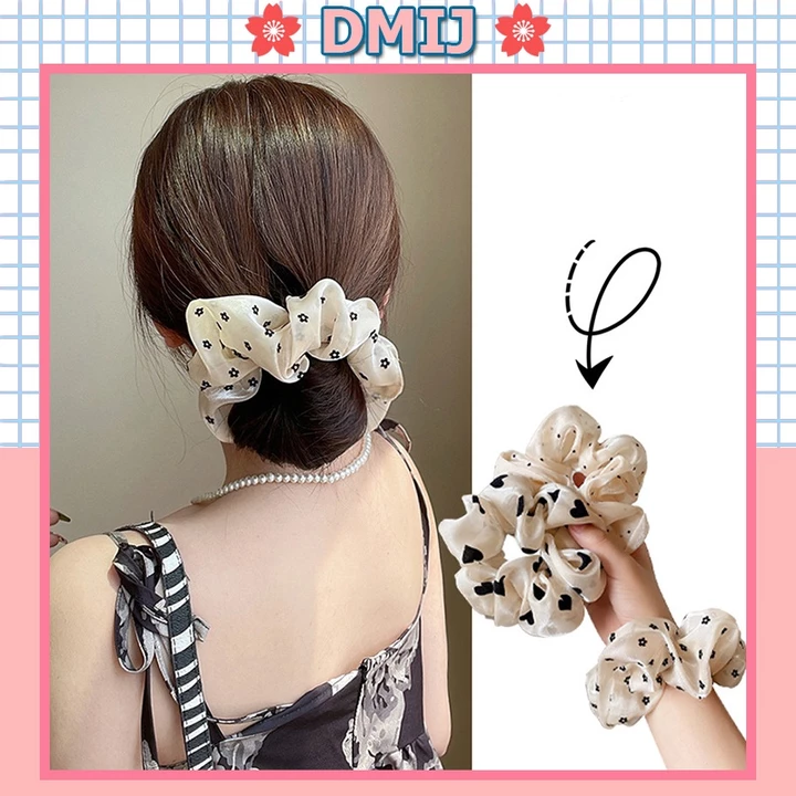 Cột Tóc Vải Scrunchies Họa Tiết Vintage Hàn Quốc, Dây Buộc Tóc Scrunchies Cứng