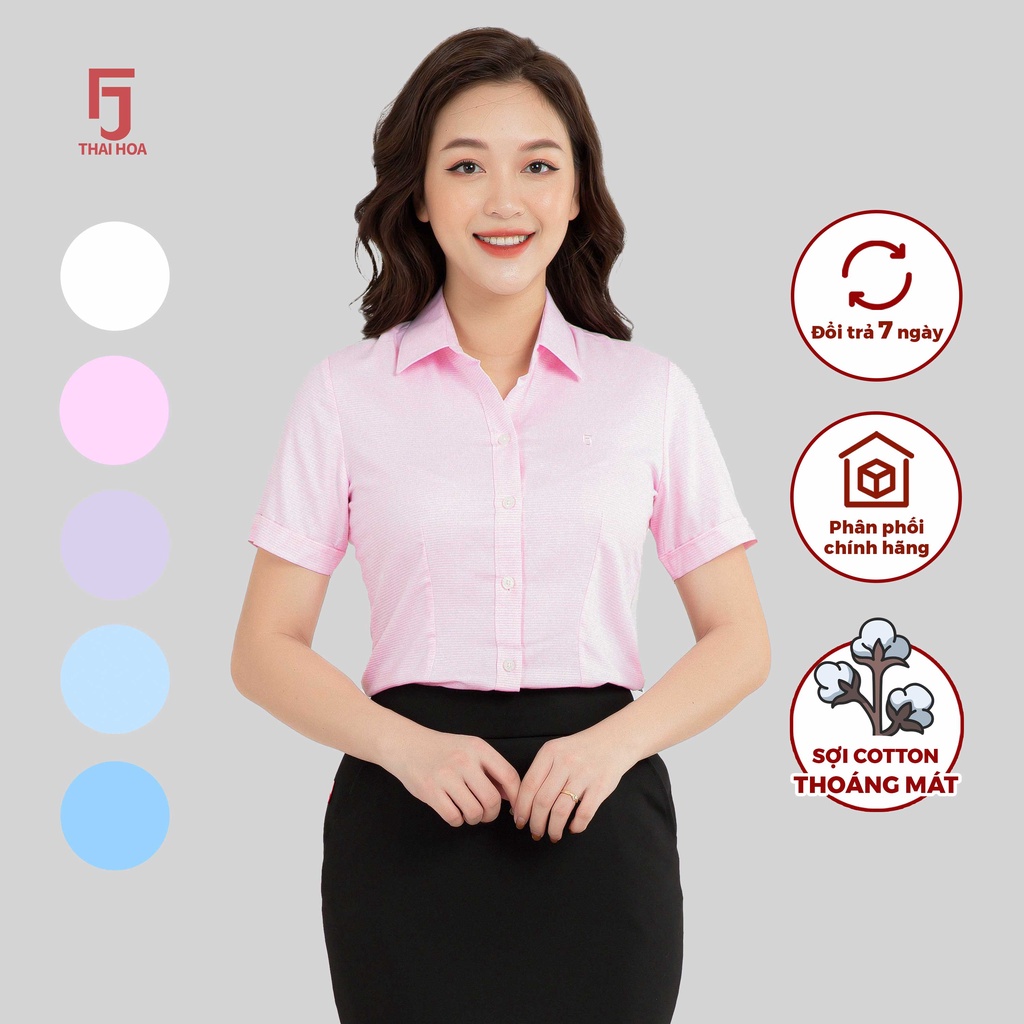 Áo sơ mi R05 ngắn tay nữ vải cotton kẻ nhuyễn form ôm các màu Thái Hòa
