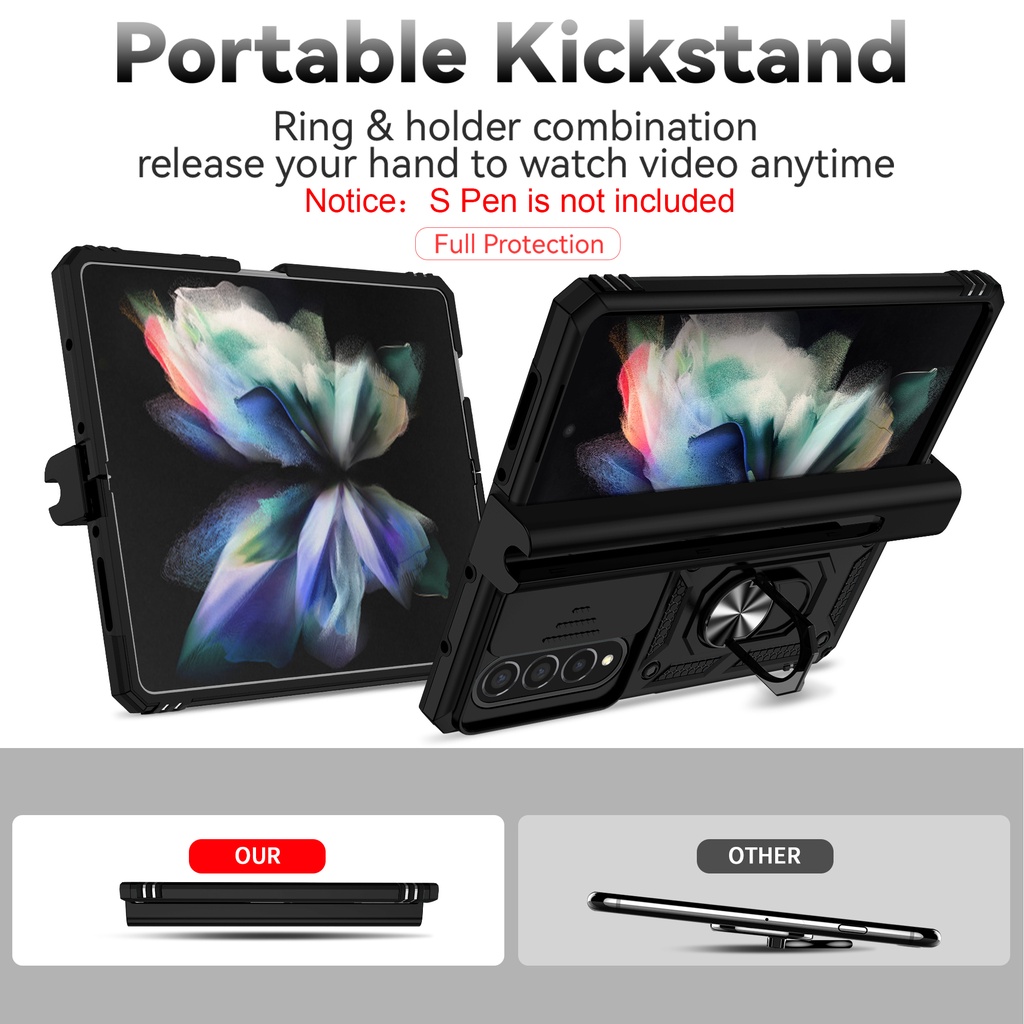 Có khe cắm bút S Vỏ giáp chống sốc cho Samsung Galaxy Z Fold 4 Giá đỡ ô tô Chân đế từ tính Trượt Bảo vệ Camera Vỏ điện thoại Z Fold 4 5G
