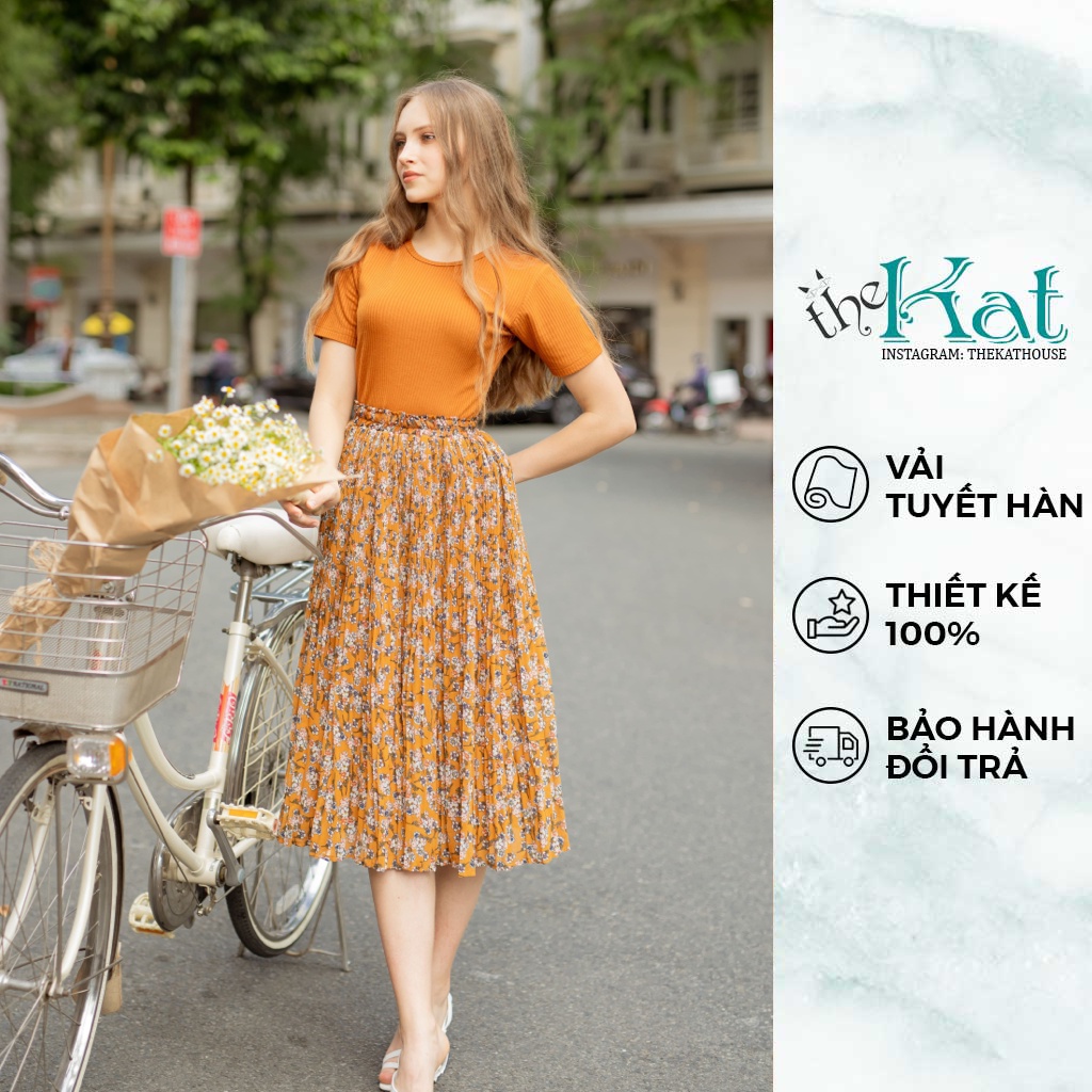Chân Váy Xếp Ly Hoa Nhí 2 tầng lưng thun The Kat House, vải Tuyết Hàn đủ màu, đủ size, ít nhăn, phối đồ cực đẹp