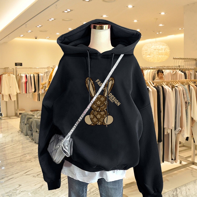 Áo Hoodie Nữ HappyFamily Màu Xanh Rêu Xu Hướng Giới Trẻ Fashion Design Rabbit Chất Nỉ Da Cá 100 Cao Cấp
