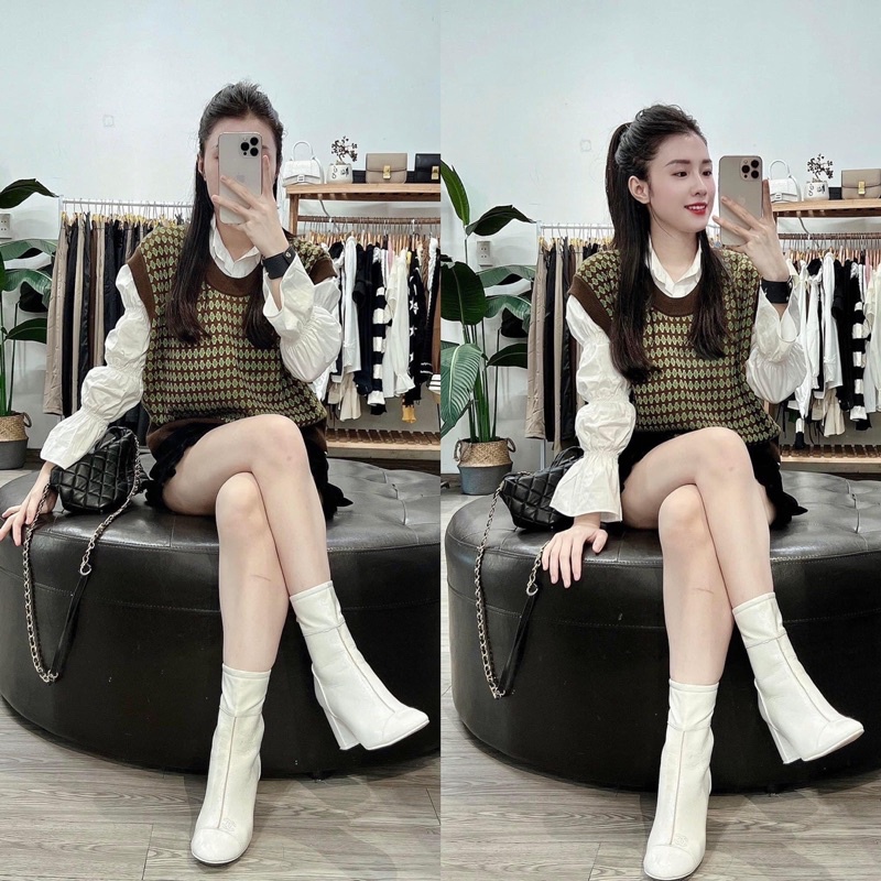 Áo sơ mi tay bo chun tầng cổ bèo tiêu thư siêu sang