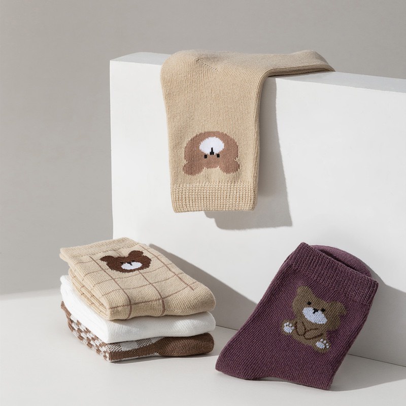 Combo 5 Đôi Cotton Cho Trẻ Em Bé Trai Bé Gái Cổ Cao Phối Hình Gấu Nâu Dễ Thương cho bé từ 1 - 12 Tuổi