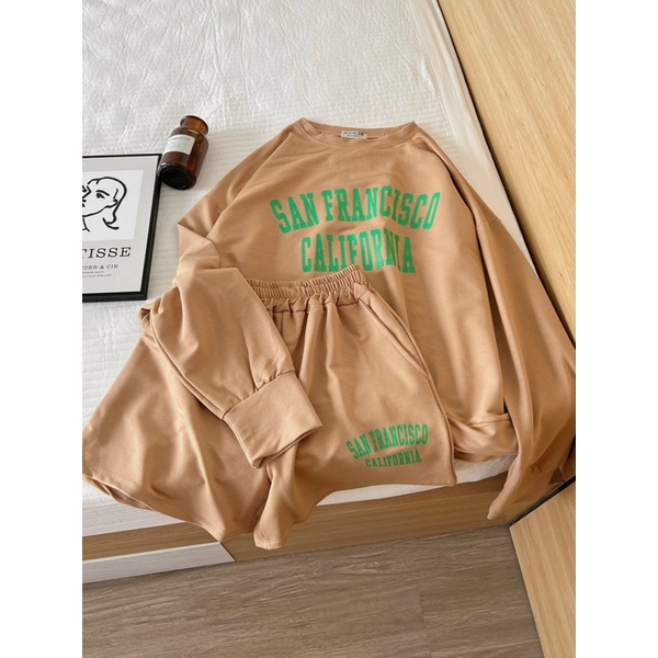 Set nỉ mỏng, set áo sweatshirt kèm quần in chữ 5d