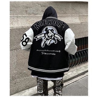 Áo Bomber Nam Nữ Chất Kaki Phối Tay Da Kem-D9, Hình Thêu Nổi, From Rộng Thời Trang Unisex, Phong Cách Hàn Quốc