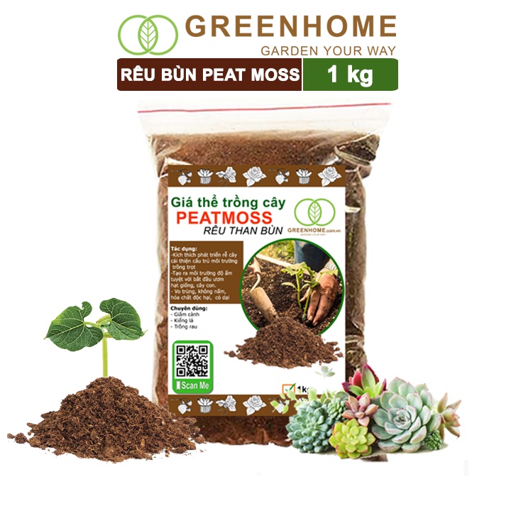 Rêu than bùn peatmoss Greenhome, bao 1kg, trộn đất trồng sen đá, kiểng lá, hoa hồng, ươm hạt giống