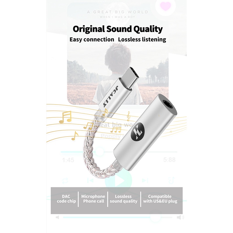 Dây Cáp Âm Thanh Kỹ Thuật Số Chuyển Đổi JM7 JM7L USB Type C / Light-ning Sang 3.5mm DAC CX31993 Cho Android / Apple 32bit / 384KHz