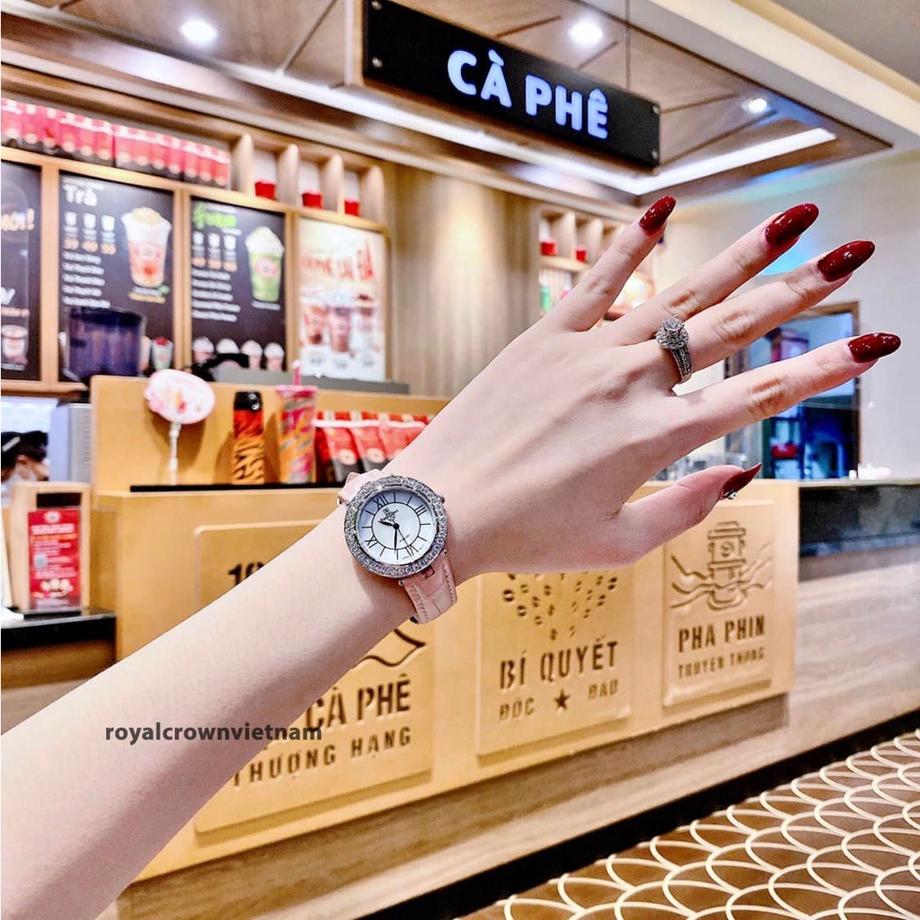 Đồng hồ nữ chính hãng dây da Royal Crown 4632 chống nước, đính đá cao cấp, đeo tay đẹp, sang chảnh