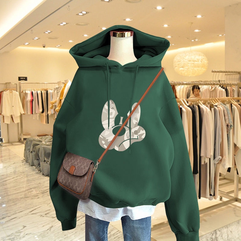 Áo Hoodie Nữ HappyFamily Xanh Rêu Thịnh Hành Năm Nay In Hình Chuột Mickey Chất Nỉ Da Cá 100 Cao Cấp