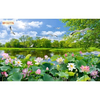 Tranh vải lụa kim sa thác nước thiên nhiên đầm sen, thác nước hùng vĩ khổ lớn