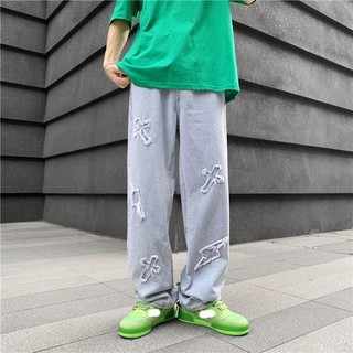 Quần Jeans Baggy Nam Nữ Phối Hình Thêu Nổi, Chất Vải Bò Màu Xanh Và Đen, From Rộng Dáng Suông Thời Trang Unisex