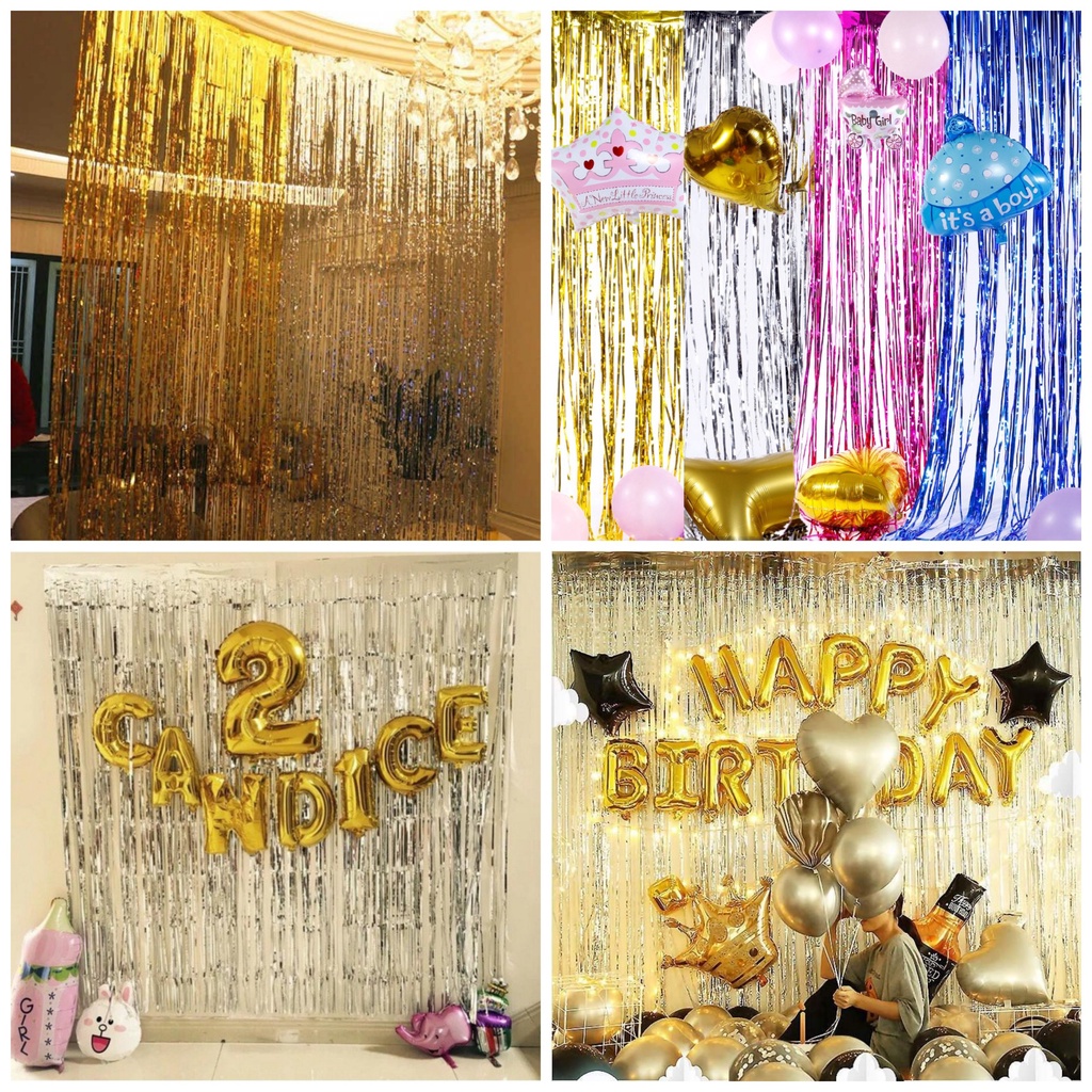Rèm kim tuyến ánh kim dạng sợi làm backdrop trang trí sinh nhật - Kem Shop K143
