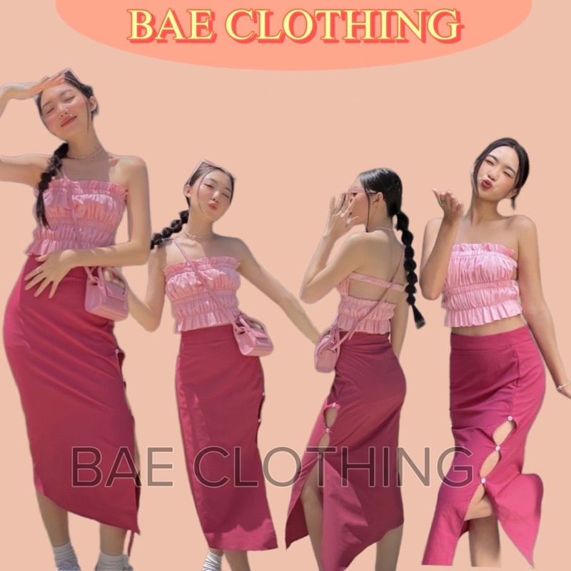 SET ĐỒ PINKY SET gồm áo ống croptop & chân váy midi form dài màu hồng thiết kế cut out hở quyến rũ style ullzang hàn