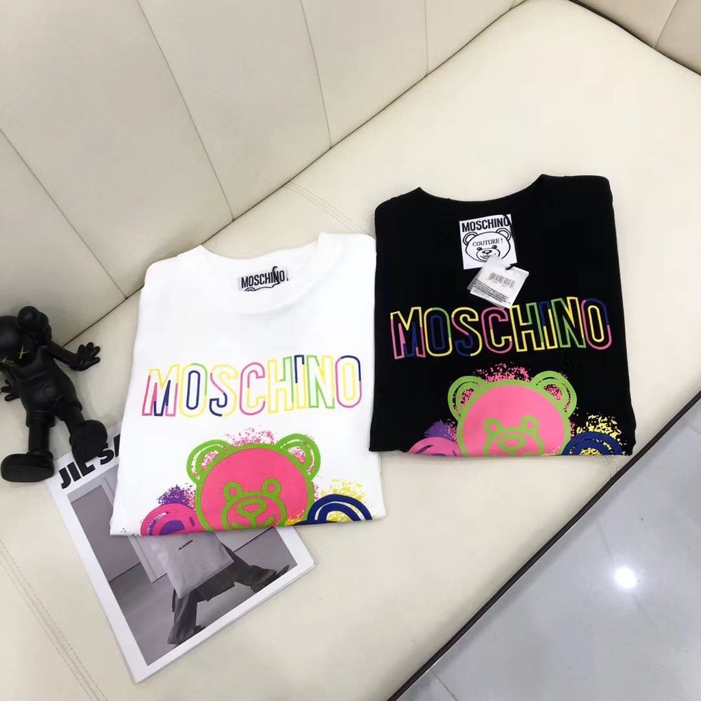 MOSCHINO Cotton Nguyên Chất Gấu Cổ Tròn Áo Thun Nam Nữ Cặp Đôi Phong Cách Cổ Nhãn + Thẻ