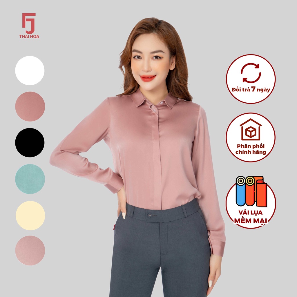 Áo sơ mi R09 dài tay nữ vải lụa trơn form suông các màu thời trang công sở Thái Hòa