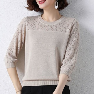 Quần Áo Nữ Mẹ Mùa Xuân Thu Quần Áo Nữ Áo Nữ Trung Niên Trẻ Ba Phần Tư Tay Ngắn Quần Áo Nữ Thời Trang Giữa Tay Đẹp Thời Trang Kn