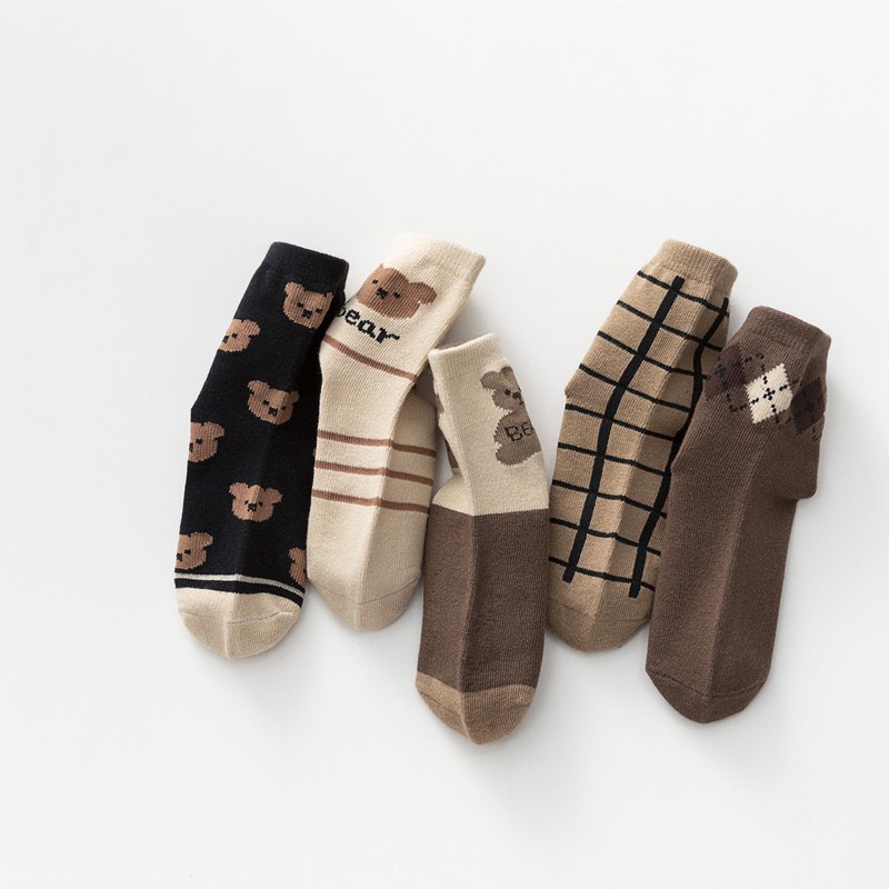 Combo 5 Đôi Cotton Cho Trẻ Em Bé Trai Bé Gái Cổ Cao Phối Hình Gấu Nâu Dễ Thương cho bé từ 1 - 12 Tuổi