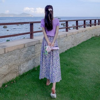 Chân Váy Chữ A Lưng Cao Co Giãn Họa Tiết Hoa Tím Phong Cách Preppy Mới Cho Nữ