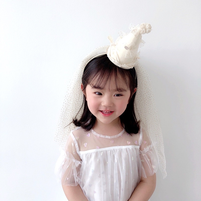 [MD209] Phụ kiện sinh nhật, mũ vải chóp vải voan hoa lấp lánh cho bé