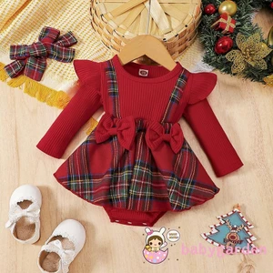 Bộ Áo Liền Quần Tay Dài Cổ Tròn Dáng Rộng Cài Khuy + Băng Đô Cài Tóc Họa Tiết Caro Dễ Thương Cho Bé Gái 0-18 Tháng Tuổi
