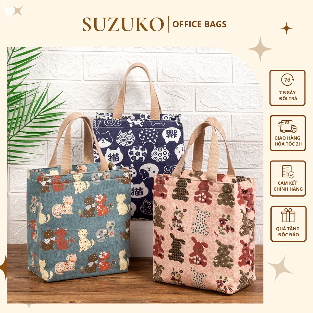 Túi đựng cơm hộp vải giữ nhiệt văn phòng size lớn SUZUKO đựng bình, ly, thức ăn mang đi làm TV02