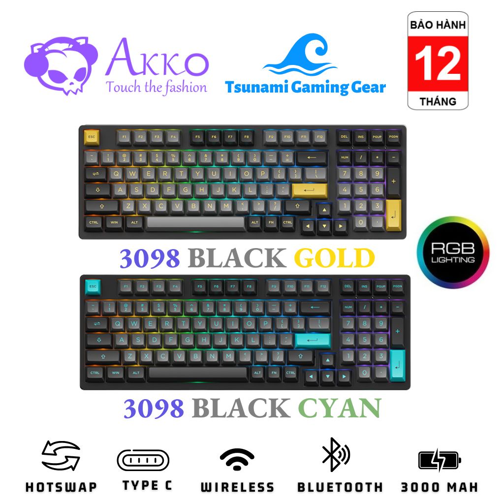 Bàn phím cơ AKKO 3098 Black Gold | 3098B Black Cyan | RGB | Bluetooth ...