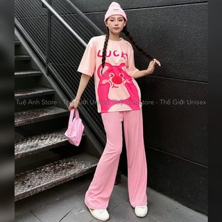 [Mẫu Mới] Set Bộ Quần Dài Ống Suông Gân Tăm Cao Cấp - Set Dài Nữ Lưng Cao Ống Rộng Phối Áo Thun 3D Phong Cách Hàn Quốc