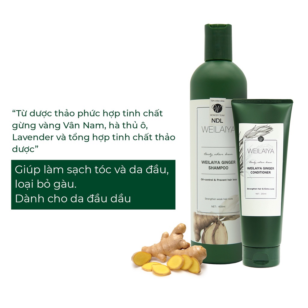 Dầu Gội,   Xả Gừng Trắng WEILAIYA GINGER Chống Rụng Kích Mọc Tóc 400ml + 250ml Tặng Set Mini 20ml