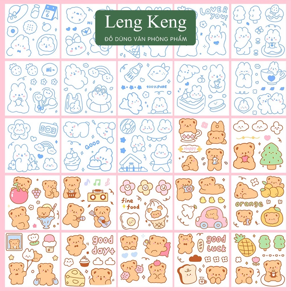 [ 1 tấm ] Sticker văn phòng phẩm Leng Keng trang trí dán tập vở, bình nước, bút nước