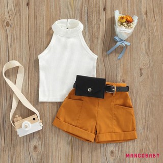 Mgg-toddler Girls 3 Bộ trang phục mùa hè, Áo dây không tay + Quần short + Bộ túi thắt lưng