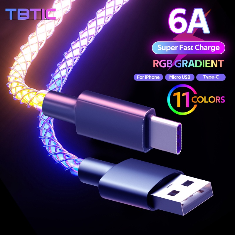 Cáp sạc TBTIC USB Type C 66W màu dạ quang phát sáng nhanh cho điện thoại Huawei Xiaomi Redmi Oppo