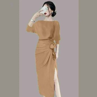 Đầm dự tiệc trung niên phom ôm body cổ thuyền nơ cao cấp