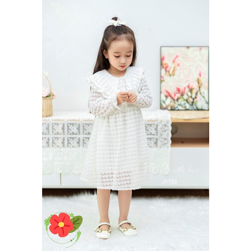 Váy Đầm Trắng dài tay Cao Cấp Cho Bé Gái Dự Tiệc Thôi Nôi Cưới Quà Sinh Nhật 1-10Tuổi Ren Trắng Vân Tim Siêu Mềm Lót Lụa