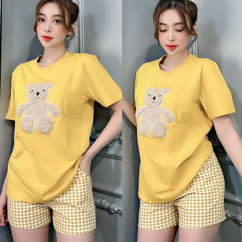 Đồ bộ nữ mặc nhà ESHOP đồ bộ mặc nhà bigsize áo thun cotton gấu thêu quần đùi caro dễ thương đi chơi ngủ cute DB50