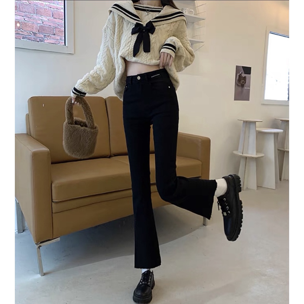 Quần Jean Ống Loe Cạp Cao Dáng Dài Siêu Hot Chất Mềm Co Giãn Tốt