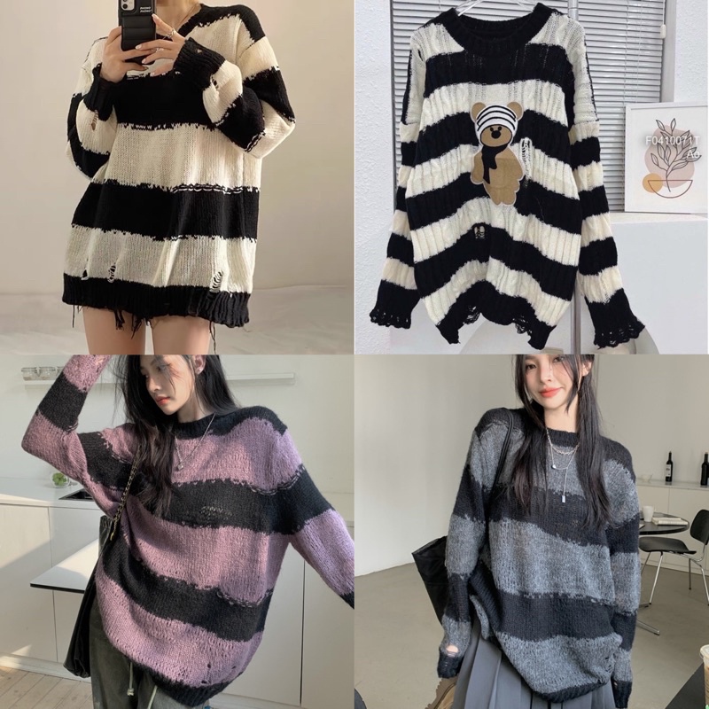[ Hàng Loại 1 + Clip Thật ] Áo Len Sweater Rách Kẻ Sọc Ngang Gấu Phối ...