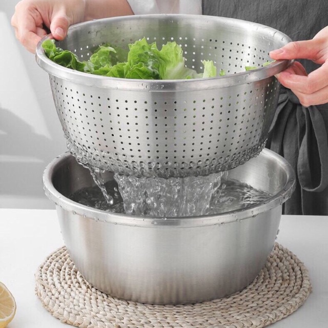 Bộ Thau Rổ Inox 304 Sâu lòng, Dày Size 30cm, Bộ Thau Inox Sâu Lòng + Rổ ...