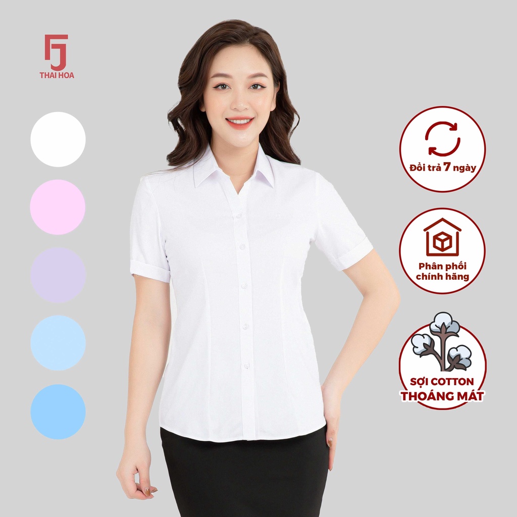 Áo sơ mi R05 ngắn tay nữ vải cotton kẻ nhuyễn form ôm các màu Thái Hòa